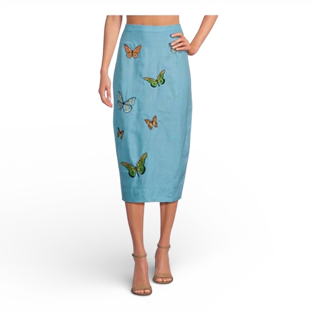 Fanm Mon Light Blue Pencil Skirt with Butterfly Embroidery